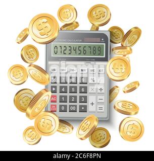 Rechner 3d realistisch, für die Berechnung Darlehen, Kredit, Finanzen, Geld, Geschäft. Isoliert auf weißem Hintergrund. Stockfoto