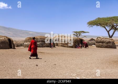 Serengeti, Tansania - September 21. 2012: Massai Dorfbewohner mit ihrem täglichen Leben in einem Massai Dorf mit traditionellen Hütten in der Serengeti Natio Stockfoto