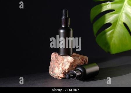 Schwarze Tropfflaschen und tropisches Blatt auf schwarzem Hintergrund. SPA natürliche Bio Hautpflege Lotionen, Luxus-Beauty-Produkt Verpackung Mockup Stockfoto