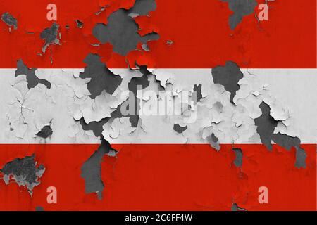 Österreich Flagge Nahaufnahme lackiert, beschädigt und schmutzig an der Wand abblätternde Farbe zu sehen Betonoberfläche. Vintage National Konzept. Stockfoto