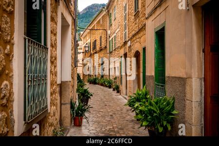 Malerische schmale Gasse im mediterranen Flair mit Topfpflanzen in der Altstadt von soller, beliebtes Reiseziel auf mallorca gesäumt Stockfoto