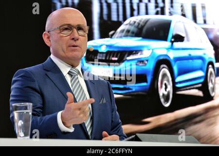 Mlada Boleslav, Tschechische Republik. März 2019. Skoda Auto-Chef BERNHARD MAIER wird das Unternehmen zum Ende des Monats verlassen. Maiers Ausscheiden aus Skoda ist der jüngste in einer Reihe von Führungswechsel im Volkswagen Konzern. Auf dem Foto BERNHARD MAIER während der Jahrespressekonferenz 2019 des SKODA AUTO. Quelle: Slavek Ruta/ZUMA Wire/Alamy Live News Stockfoto