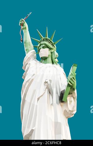 freiheitsstatue mit einer OP-Maske isoliert auf blauem Hintergrund 3d-Illustration Stockfoto