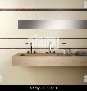 Modernes Badezimmer mit braunen Fliesen, Innenhintergrund. Stockfoto