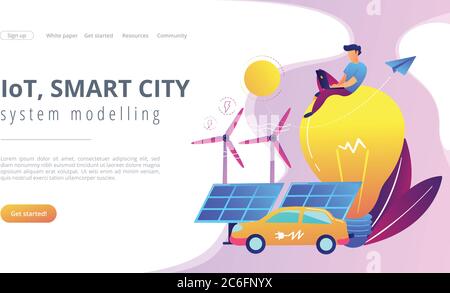 IoT, Smart City und Systemmodellierung Landing Page. Stock Vektor