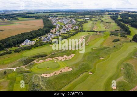 Luftaufnahme des Golfplatzes Archerfield Links bei North Berwick in East Lothian, Schottland, Großbritannien Stockfoto