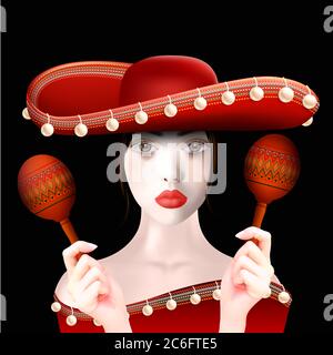 Realistisches Porträt der schönen mexikanischen Frau in Sombrero und mit Maracas. 3D-Darstellung auf schwarzem Hintergrund isoliert. Stockfoto