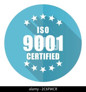 ISO 9001 Vektor-Symbol, flaches Design blau rund Web-Taste isoliert auf weißem Hintergrund Stock Vektor