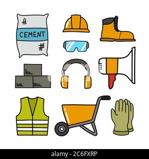Bau Doodle Icons Set, Vektor-Illustration Stockfoto