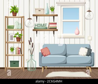Vector gemütliche Wohnzimmer mit Sofa, Regal und Zimmerpflanzen. Stock Vektor