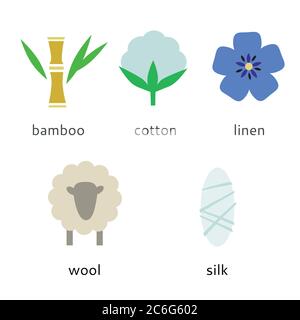 Set aus Naturfasern Symbole in einem flachen Stil. Baumwolle, Flachs, Bambus, Seide und Wolle. Vektorgrafik. Stock Vektor