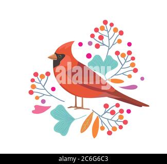 Originelle Kunst mit niedlichen roten Kardinalvogel und Beeren mit Ginkgo-Blättern. Vektorgrafik. Stock Vektor