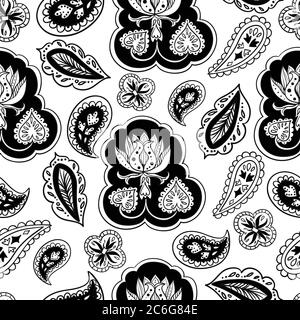 Nahtloses Muster mit Pflanzen in schwarz-weiß und floralen Mandala-Elementen. Dekorativ verzierten Hintergrund. Stock Vektor