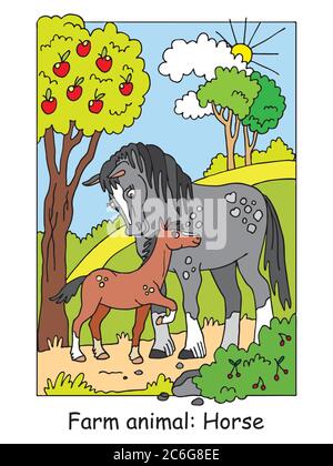 Malvorlagen mit niedlichem Pferd und ihrem Fohlen im Apfelgarten. Cartoon Vektorgrafik. Stock Illustration für Design, Vorschulbildung, Stock Vektor