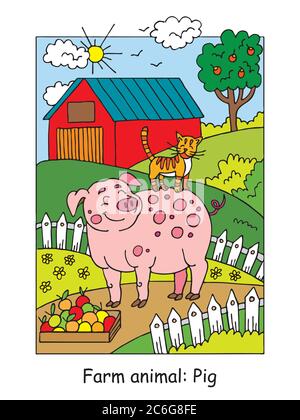 Malvorlagen mit niedlichen lächelnden Schwein und Katze auf der Farm Wiese. Cartoon Vektorgrafik. Stock Illustration für Design, Vorschulbildung, prin Stock Vektor