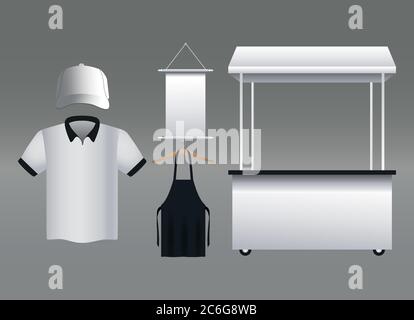 kiosk kommerzielle Branding Mockup und Set Icons Vektor Illustration Design Stock Vektor