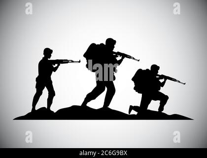 Militär Soldaten mit Waffen Silhouetten Figuren Symbole Vektor Illustration Design Stock Vektor