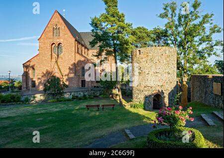 Neugotische Stiftskirche St. Johannes der Täufer, Burgruine, Amöeneburg, Hessen, Deutschland Stockfoto