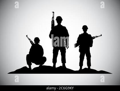 Militär Soldaten mit Waffen Silhouetten Figuren Symbole Vektor Illustration Design Stock Vektor