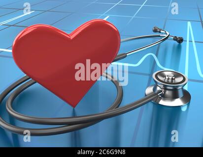 Herz und Stethoskop auf EKG Stockfoto