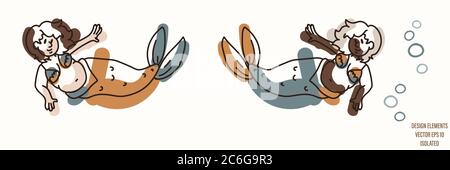 Mermaid Geschlecht neutral Baby Illustration Cliparts. Einfache skurrile minimal erdige 2-Ton-Farbe. Kinderzimmer mit Aufdruck oder Cartoon-Tierlinie Stock Vektor