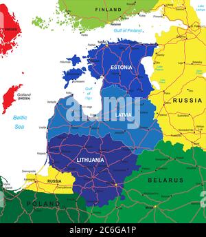 Sehr detaillierte Vektorkarte der baltischen Staaten mit Verwaltungsgebieten, Hauptstädten und Straßen. Stock Vektor