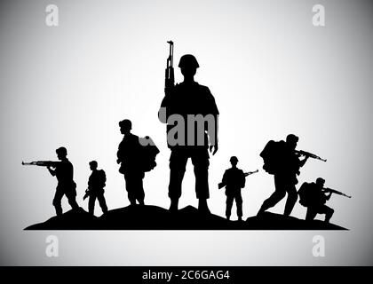 Militär Soldaten mit Waffen Silhouetten Figuren Symbole Vektor Illustration Design Stock Vektor