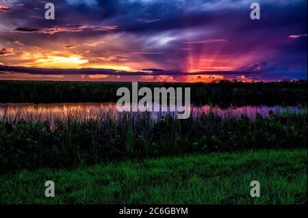 Letzte Sonnenstrahlen erleuchten den Himmel über den Everglades im Loxahatchee National Wildlife Refuge Stockfoto