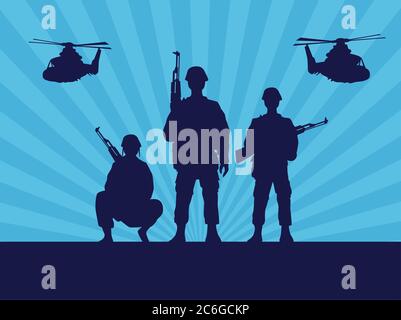 Militär Soldaten mit Waffen und Hubschrauber Silhouetten in blauen Hintergrund Vektor-Illustration Design Stock Vektor