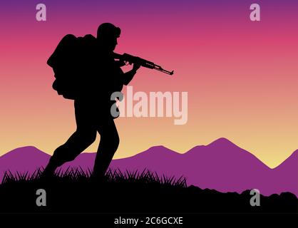 Militär Soldat mit Waffe Silhouette Figur im Feld Vektor Illustration Design Stock Vektor