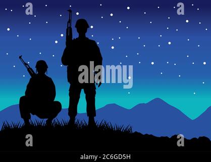 Militär Soldaten mit Waffen Silhouetten Figuren bei Nacht Szene Vektor Illustration Design Stock Vektor