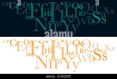 Illustration einer Alphabet Montage in zwei verschiedenen Farben auf schwarz-weißen Hintergründen. Buchstaben unterschiedlicher Größe überlappen sich in einem 3D-Effekt. Stock Vektor