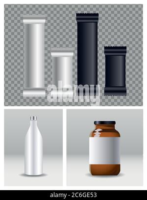 Sachets Verpackung Produkt und Flaschen Vektor Illustration Design Stock Vektor