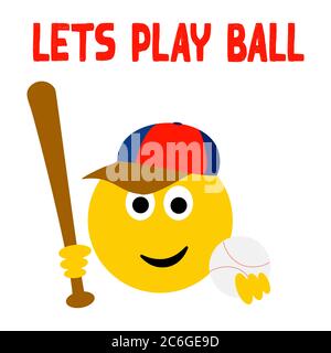 Baseball Emoji mit Kappe, Schläger und Ball lässt Ball spielen Text Illustration auf weißem Hintergrund Stockfoto