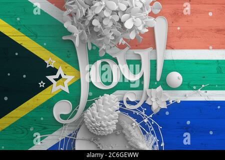 Südafrika Flagge auf Holztisch mit Joy Text. Weihnachten und Neujahr Hintergrund, Feier nationalen Konzept mit weißem Dekor. Stockfoto