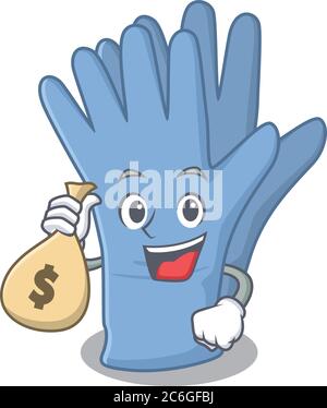 Verrückte reiche medizinische Handschuhe Maskottchen Design mit Geldbeutel Stock Vektor