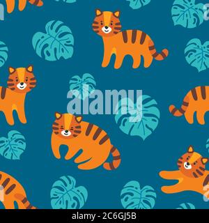 Nahtloses Muster mit niedlichen Tigern und Monstera-Blättern auf blauem Hintergrund. Exotische Pflanze und Katze. Vektorgrafik in flacher Form Stock Vektor