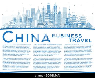 Skizzieren Sie die Skyline von China City mit blauen Gebäuden und Kopierraum. Berühmte Sehenswürdigkeiten in China. Vektorgrafik. Business Travel und Tourismus Konzept. Stock Vektor