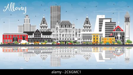 Albany New York City Skyline mit Color Buildings, Blue Sky und Reflections. Vektorgrafik. Albany USA Stadtbild mit Wahrzeichen. Stock Vektor