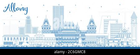 Skizzieren Sie die Skyline von Albany New York City mit blauen Gebäuden. Vektorgrafik. Albany USA Stadtbild mit Wahrzeichen. Geschäftsreisen. Stock Vektor