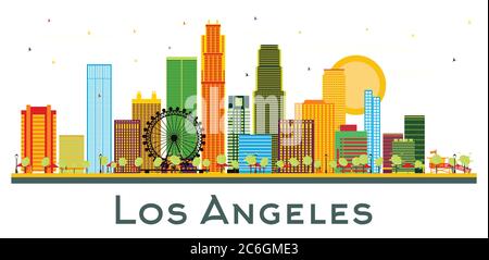 Los Angeles California City Skyline mit farbigen Gebäuden isoliert auf Weiß. Vektorgrafik. Business Travel und Tourismus Konzept. Stock Vektor