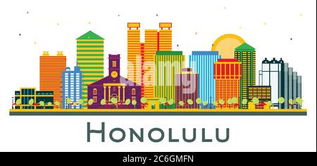 Honolulu Hawaii City Skyline mit farbigen Gebäuden isoliert auf Weiß. Vektorgrafik. Business Travel und Tourismus Konzept. Stock Vektor