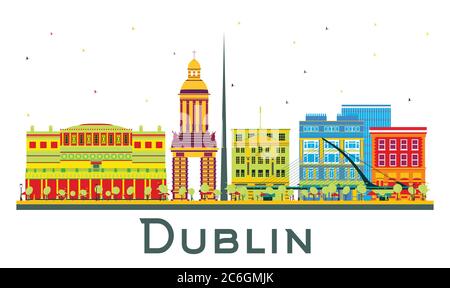 Dublin Irland City Skyline mit farbigen Gebäuden isoliert auf Weiß. Vektorgrafik. Business Travel und Tourismus Konzept. Stock Vektor