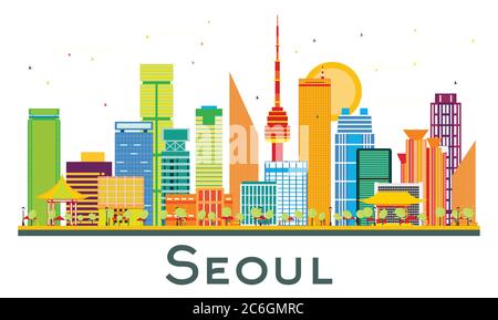 Seoul Südkorea City Skyline mit farbigen Gebäuden isoliert auf Weiß. Vektorgrafik. Business Travel und Tourismus Konzept. Stock Vektor