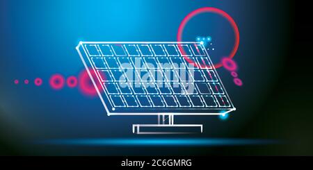 Solarenergiekonzept. Vektorgrafik. Solarpanel von Neon Lines. Erneuerbare Energien. Stock Vektor