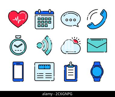 Fitness-Icons Tracker Technologie Daten mit Anwendungen in Smartwatch. Stock Vektor