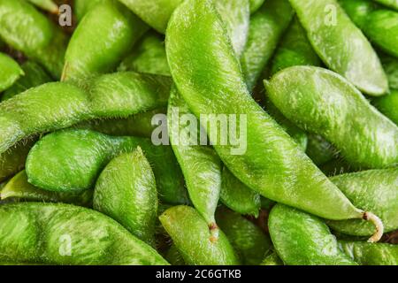 Edamame oder Sojabohnen Hintergrundtextur Close Up. Stockfoto