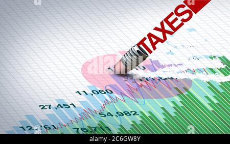 Steuerkonzept und Gewinnverlust auf Steuern oder Marktkorrektur sowie Kapitalverlust und steuerpflichtiges Einkommen als Geschäftskonzept mit 3D-Illustrationselementen. Stockfoto