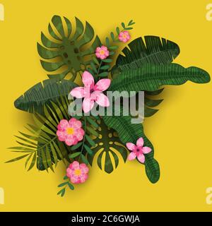Sommer trendy Vorlage exotische Pflanzen und Hibiskusblüten tropischen Hintergrund. Trend Muster Dschungel. Vektor, Illustration, isoliert, Poster, Banner Stock Vektor