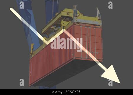 Komponieren mit einem fallenden Aktienkurs und einem Container als Symbol einer rückläufigen (Welt-)Wirtschaft Stockfoto